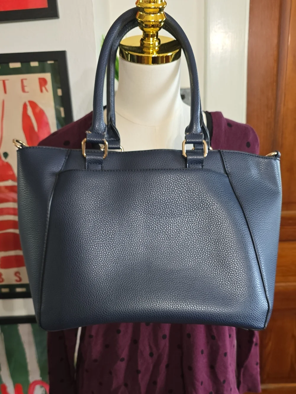 G.H. Bass & Co. Navy Pebbled Leather Satchel with Gold Hardware